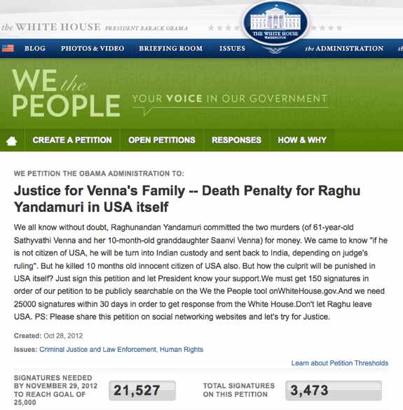Raghu Yandamuri White House Petition Evokes Poor Response